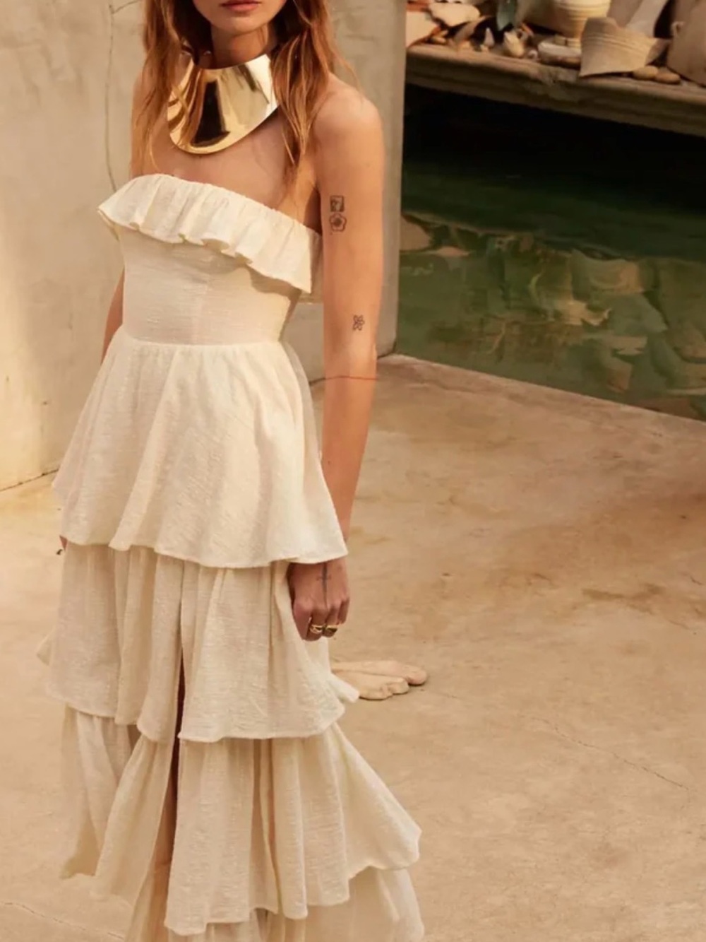Promesa Strapless Ruffle Tiered Maxi Dress in Cream